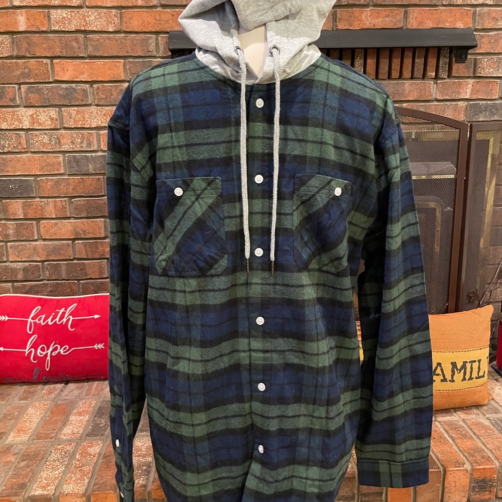 Green and Blue Plaid Flannel Button-Up Shirt Jacket with Gray Hood